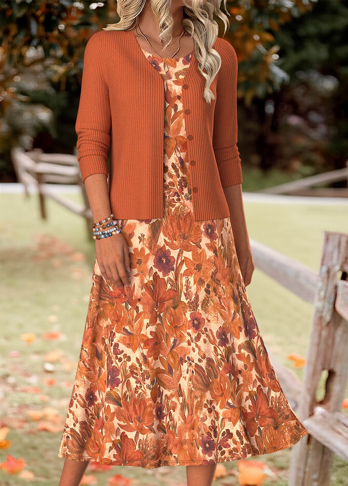 Orange Tummy Coverage Random Floral Print Dress and Cardigan