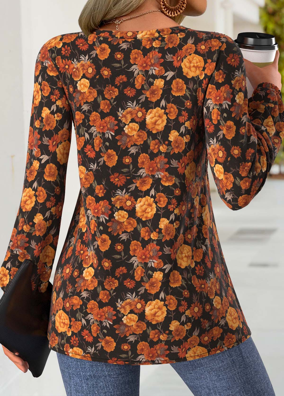 Terracotta Peplum Floral Print Long Sleeve Split Neck Blouse
