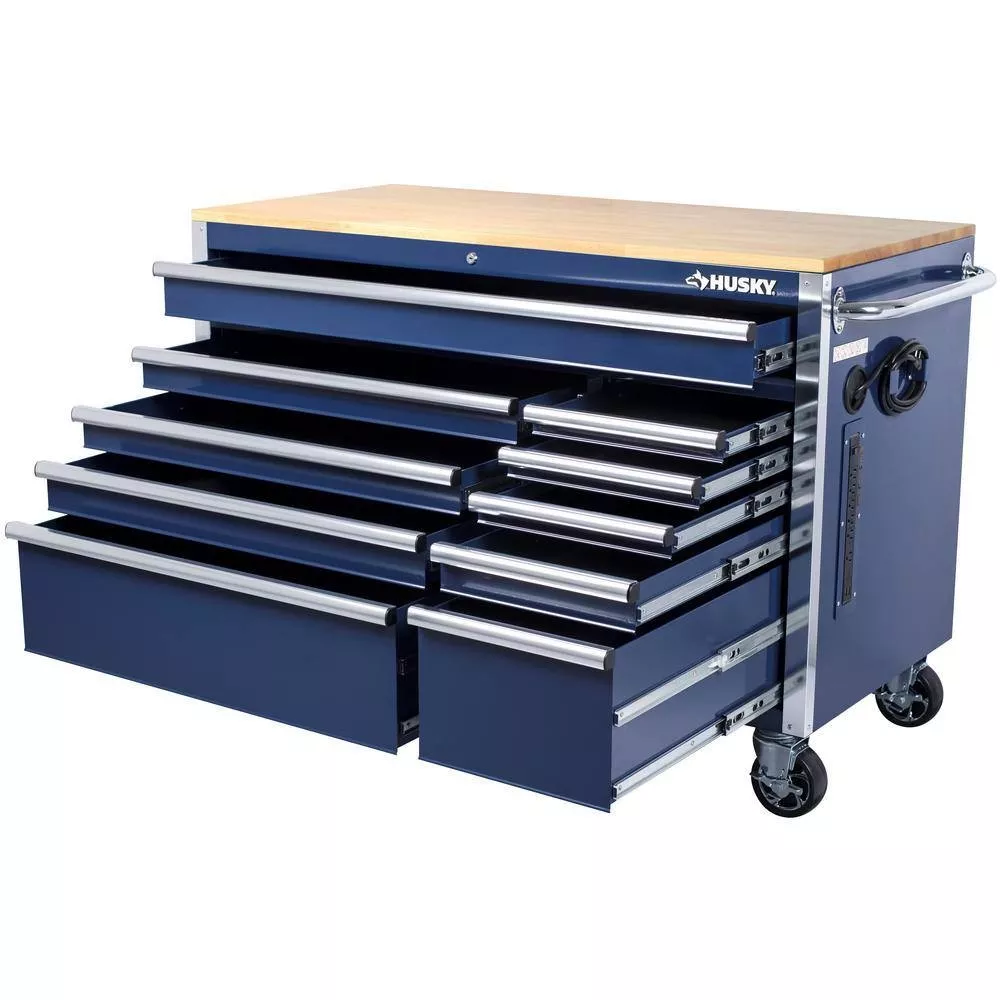 Husky 52 in. W x 24.5 in. D 10-Drawer Blue Mobile Workbench with Solid Wood Top