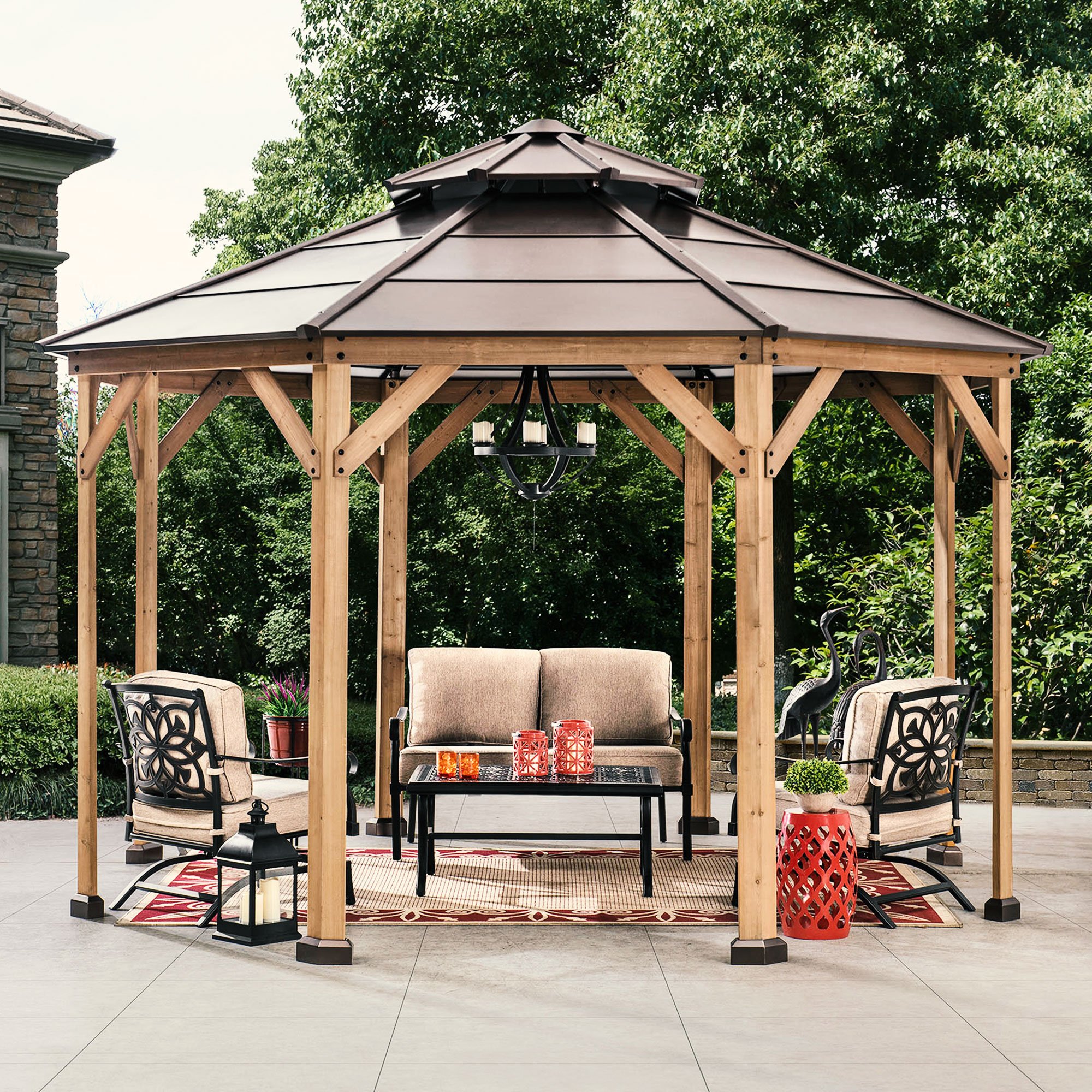 Sunjoy Brown 13 ft. x 13 ft. Cedar Framed Octagon Gazebo with 2-tier Steel Roof and Hook