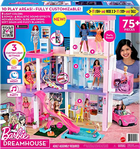Barbie Dreamhouse (3.75-ft) 3-Story Dollhouse Playset with Pool & Slide, Party Room, Elevator, Puppy Play Area, Customizable Lights & Sounds, 75+ Pieces, Gift for 3 to 7 Year Olds, New for 2021