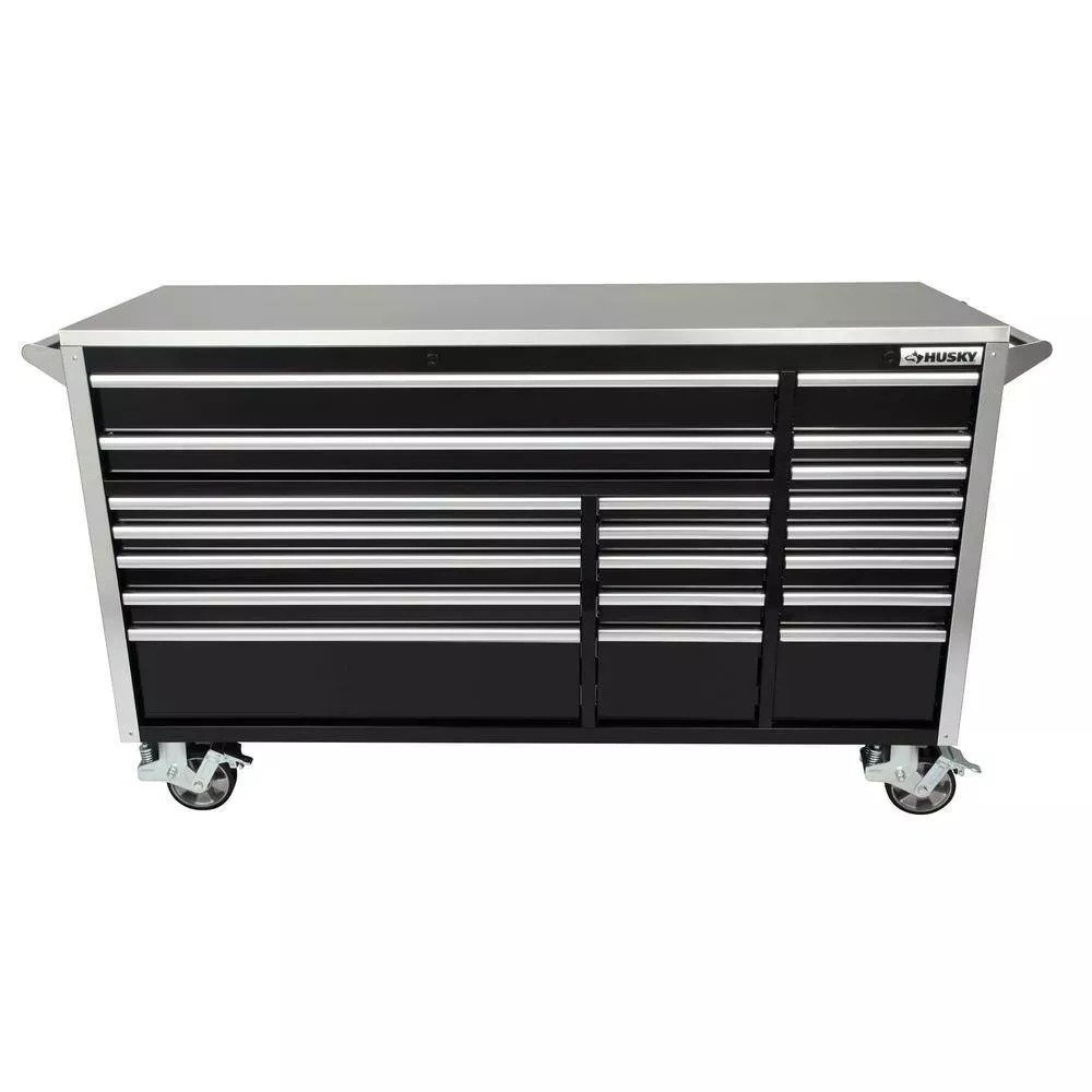 Husky 72 in. W x 24.6 in. D Professional Duty 20-Drawer Mobile Workbench Cabinet with Stainless Steel Top in Black