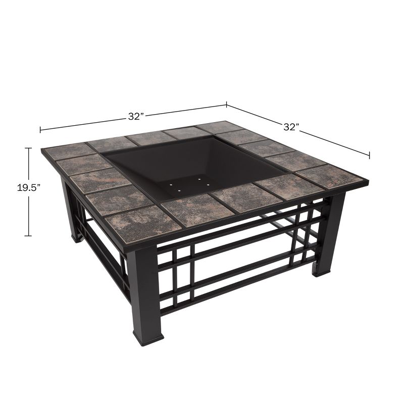 Nature Spring 32″ Square Metal Patio Fire Pit Table with Accessories – Marble Tile, Black