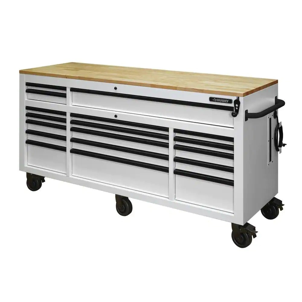 Husky 72 in. 18-Drawer Mobile Workbench with Adjustable-Height Solid Wood Top in Matte White