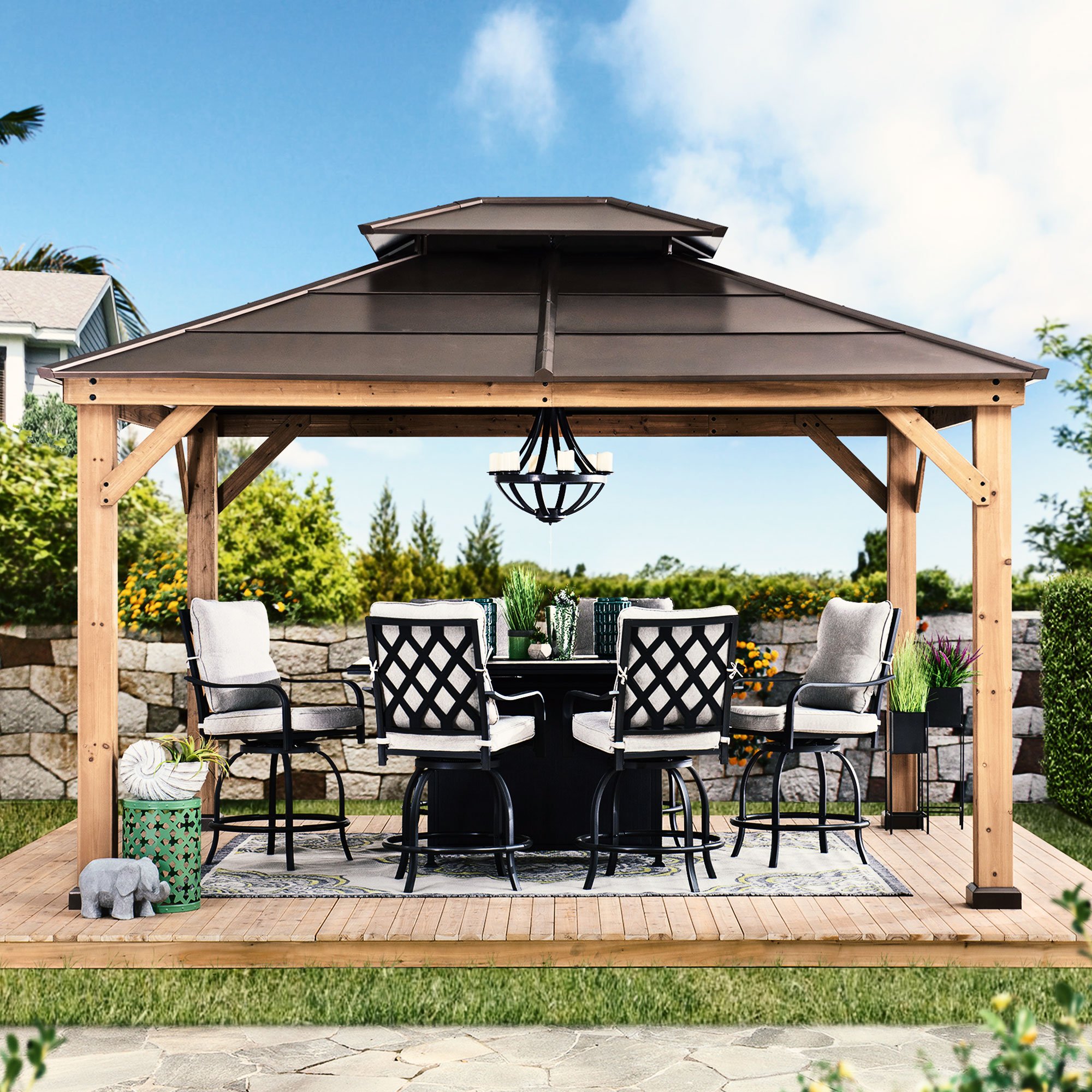 Sunjoy Brown 11 ft. x 13 ft. Cedar Framed Gazebo with 2-tier Steel Roof and Hook