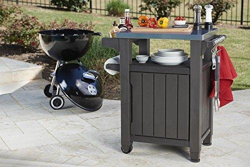 Keter Unity Portable Outdoor Table and Storage Cabinet with Hooks for Grill Accessories-Stainless Steel Top for Patio Kitchen Island or Bar Cart, Espresso Brown