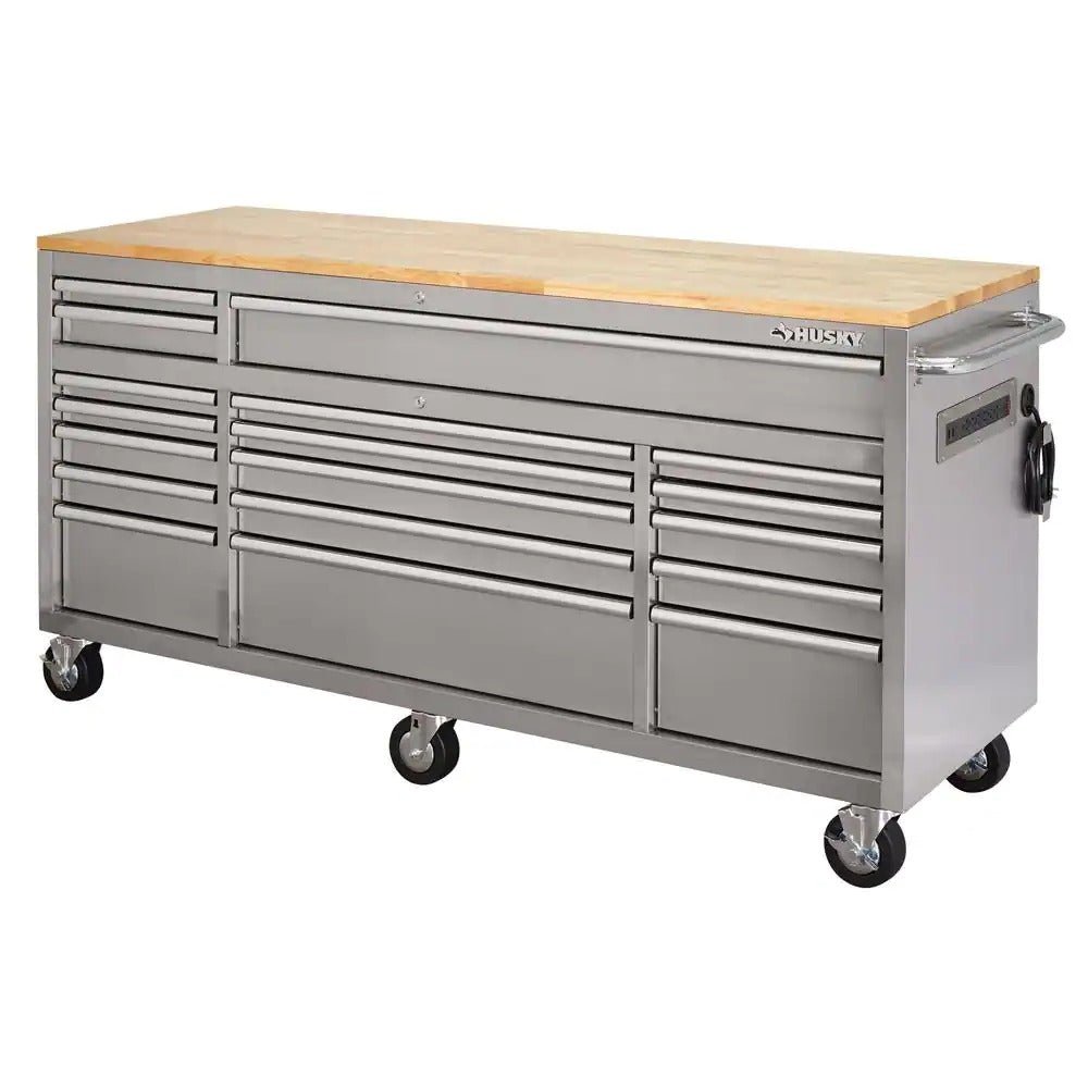 Husky 72 in. 18-Drawer 24 in. D Mobile Workbench with Solid Wood Top Stainless Steel
