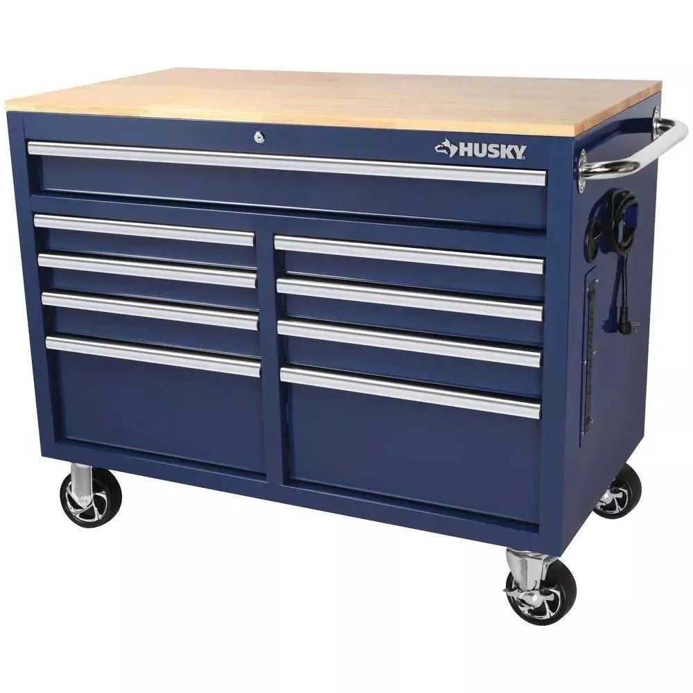Husky 46 in. W x 24 in. D 9-Drawer Gloss Blue Deep Tool Chest Mobile Workbench