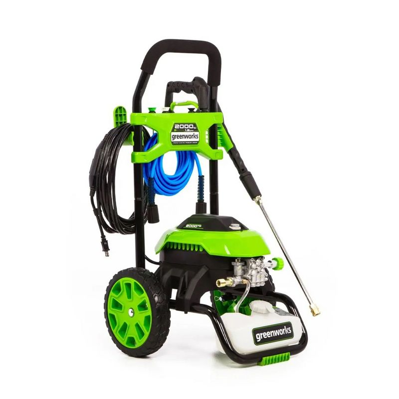 GreenWorks 2000 PSI 1.2 GPM 14 Amp Electric Powered Household Pressure Washer with 25 Foot Hose, 3 Nozzle Tips, and 10 Inch Wheels