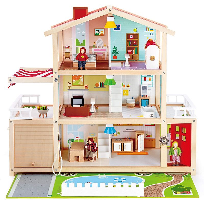 Hape Kids 10 Room Extravagant Wooden Family Play Mansion Doll House Bundle with Wooden Dollhouse Family Play Toy Car Accessory for Ages 3 and Up