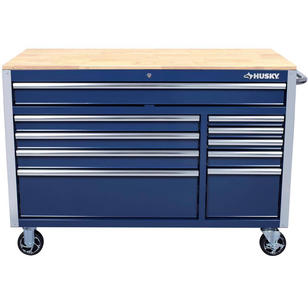 Husky 52 in. W x 24.5 in. D 10-Drawer Blue Mobile Workbench with Solid Wood Top