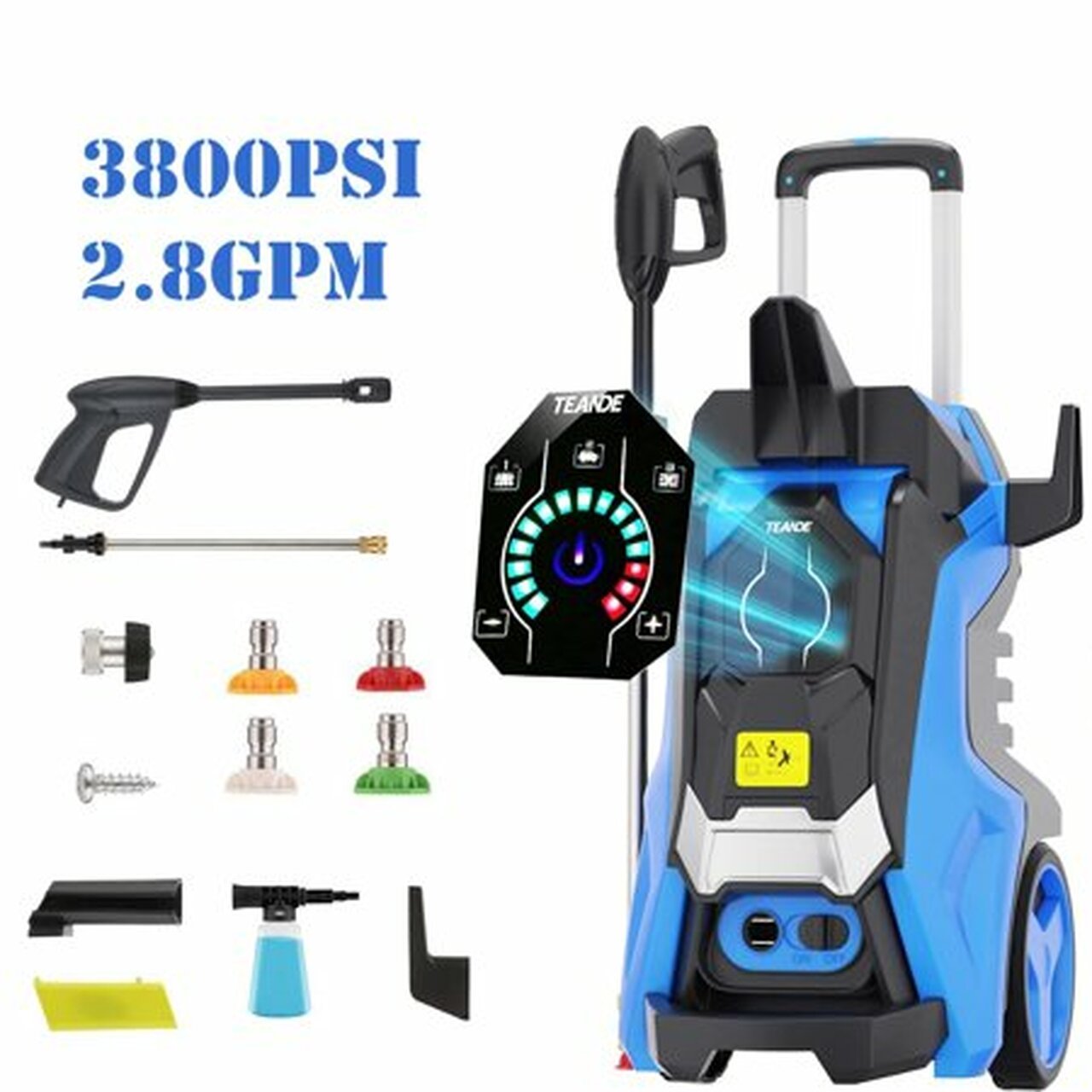 Electric pressure washer 3800PIS 2000W Intelligent powerful pressure washer with touch screen 3 positions, self-assembly, used for courtyard, garden and car cleaning (blue)