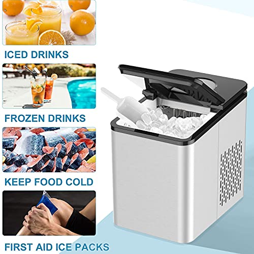 SOOPYK Ice Makers Countertop | Portable Ice Maker Cube | 27 lbs in 24 hrs | 9 Ice Cubes Per 5-8 Mins | Ice Maker Machine Self Cleaning Function | Ice Scoop and Basket,Stainless Steel